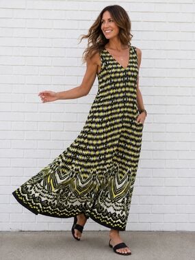 DN Design Sleeveless Geometric Ikat Maxi Dress Stretch V-Neck Size 8